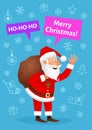 Santa Claus flat character isolated on blue Christmas hand drawn background. Standing funny old man carrying sack with Royalty Free Stock Photo