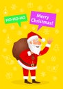 Santa Claus flat character isolated on yellow Christmas hand drawn background. Standing funny old man carrying sack Royalty Free Stock Photo