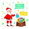 Santa Claus flat character on white Christmas hand drawn background. Standing funny old man carrying sack with Royalty Free Stock Photo