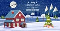 Santa Claus flies over the house in the snow. Royalty Free Stock Photo