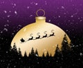 Santa Claus flies over a pine forest with a sunset behind that is shaped like a golden Christmas ornament