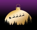 Santa Claus flies over a pine forest with a sunset behind that is shaped like a golden Christmas ornament