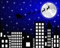 Santa Claus flies reindeer in harness over night city Royalty Free Stock Photo