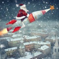 Santa Claus flies on a rocket over the city at night Royalty Free Stock Photo