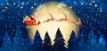 Santa Claus flies in a sleigh with reindeers across the night snowy sky with the moon against the backdrop of a winter Royalty Free Stock Photo