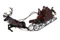 Santa Claus flying in his sleigh with a reindeer and a sack of Christmas presents. Isolated 3D illustration Royalty Free Stock Photo