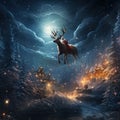 Santa Claus flying in the night sky over the forest with reindeer. Generative AI Royalty Free Stock Photo