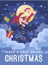 Santa Claus flying over a mountain village in a superhero cape on a snowy winter night. Christmas character greeting card flat Royalty Free Stock Photo