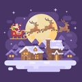 Santa Claus flying over the snowy night winter village landscape in a sleigh drawn by three reindeer