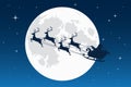 Santa Claus flying with reindeer sleigh. Dark Silhouette. Full moon and stars on the background. Symbol of Christmas and New Year Royalty Free Stock Photo