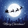 Santa Claus is flying on a reindeer sleigh. Merry Christmas greeting card. Royalty Free Stock Photo