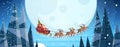 Santa claus flying in sledge with reindeers night sky over moon merry christmas happy new year horizontal winter