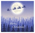 Santa Claus flying on sledge on the sky against a fairy forest Royalty Free Stock Photo