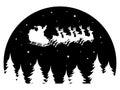 Santa Claus flying in a sleigh drawn by deer over the forest. Black and white vector illustration for Christmas. Royalty Free Stock Photo