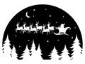 Santa Claus flying in a sleigh drawn by deer over the forest. Black and white vector illustration for Christmas. Royalty Free Stock Photo