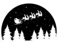 Santa Claus flying in a sleigh drawn by deer over the forest. Black and white vector illustration for Christmas. Royalty Free Stock Photo