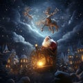 Santa Claus flying in a sleigh with reindeer and the moon. Generative AI Royalty Free Stock Photo