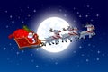 Santa Claus flying on a sleigh in a reindeer sleigh against the background of a bright round moon in the starry sky