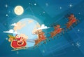 Santa Claus Flying In Sleigh In Sky With Reindeers, Merry Christmas And Happy New Year Banner Royalty Free Stock Photo