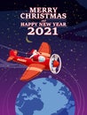 Santa Claus flying on vintage plane. Christmas poster, banner retro cartoon style illustration Royalty Free Stock Photo