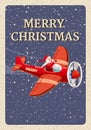 Santa Claus flying on vintage plane. Christmas poster, banner retro cartoon style illustration Royalty Free Stock Photo