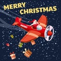 Santa Claus flying on vintage plane, delivering gift boxes. Christmas poster, banner retro cartoon style illustration Royalty Free Stock Photo