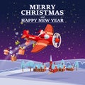 Santa Claus flying on vintage plane, delivering gift boxes, night city background. Christmas poster, banner retro Royalty Free Stock Photo