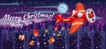 Santa Claus flying on vintage plane, delivering gift boxes, night city background. Christmas poster, banner retro Royalty Free Stock Photo