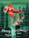 Santa Claus flying on vintage plane, delivering gift boxes, night city background. Christmas poster, banner retro Royalty Free Stock Photo