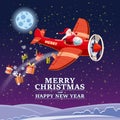 Santa Claus flying on vintage plane, delivering gift boxes, night landscape background. Christmas poster, banner retro Royalty Free Stock Photo