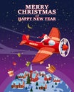 Santa Claus flying on vintage plane, delivering gift boxes in space above the Earth. Christmas poster, banner retro Royalty Free Stock Photo