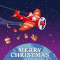 Santa Claus flying on vintage plane, delivering gift boxes in space above the Earth. Christmas poster, banner retro Royalty Free Stock Photo