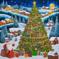 Santa Claus at the foot of a large Christmas tree full of decorations and gifts in a mountain landscape on Christmas Eve