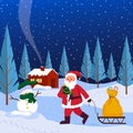 Santa Claus in the forest. Christmas Eve. Sleigh with a bag of gifts and a snowman. Winter landscape with trees and Royalty Free Stock Photo
