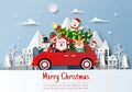 Santa Claus and friend with Xmas car in the village Royalty Free Stock Photo