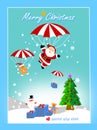 Santa Claus and friends flying with parachutes in the sky
