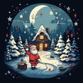 Santa Claus in front of a wooden house in the winter forest. Generative AI Royalty Free Stock Photo