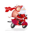Santa Claus and funny bull rides a red scooter