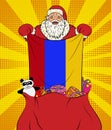 Santa Claus gets national flag of Armenia out of the bag with toys in pop art style. Illustration of new year in pop art style