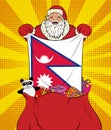 Santa Claus Gets National Flag Of Nepal Out Of The Bag With Toys In Pop Art Style. Illustration Of New Year In Pop Art Style