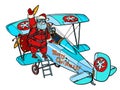 Santa Claus gets on a retro plane. Christmas story. White isolated background Royalty Free Stock Photo