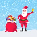 Santa Claus with gift bag and present gifts standing up with falling snow Royalty Free Stock Photo