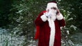 Santa Claus with gift bag talking on smarphone in woods