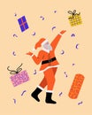 Santa Claus with gift boxes. Christmas card concept with winter holiday sale. Cartoon character. Vector illustration Royalty Free Stock Photo