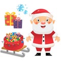 Santa Claus with gift. Christmas bag with gifts, toys and sweets on sledge. New year. Christmas set for kids Royalty Free Stock Photo