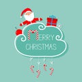 Santa Claus, giftbox, snowflake, ball. Merry Christmas card. Hanging Candy Cane. Dash line with bow. Flat design. Blue background. Royalty Free Stock Photo