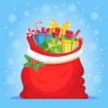 Santa Claus gifts in bag. Christmas presents sack, pile of sweets gift and xmas vector illustration