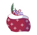 Santa Claus gifts in bag. Christmas presents sack, pile of sweets gift prize sackful and fun surprised xmas present with cartoon