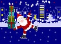 Santa Claus with gifts in the boxes skates near the town Royalty Free Stock Photo