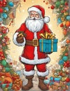 Santa Claus with gifts, cartoon style christmas background